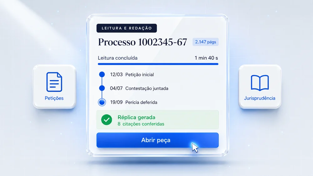 Processo de 2.147 páginas lido em 1 min 40 s, com linha do tempo e réplica gerada